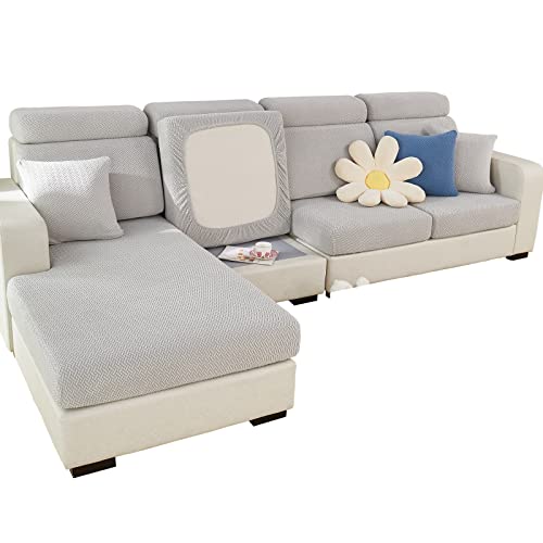 Ajustable Funda Sofa 3 2 1 Plazas Chaise Long, Funda para Sofa Cubre Elástica Resistente al Desgaste, Universal Protector de Asiento Fundas de Cojín (Tejido Gris Claro, Cojín Respaldo)