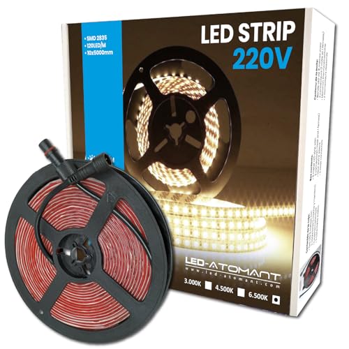 LED ATOMANT Rollo de 5 metros de Tira de Luz LED Directa a 220v, Color Blanco Frio (6500K), Impermeable, Corte cada 10cm