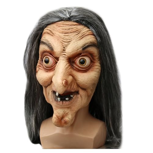 OPAHUTER Máscara de Bruja de Halloween con Pelo, Máscara de Terror Realista, Máscara de Látex de Bruja, Máscara de Halloween, Máscara de Miedo para Fiesta de Disfraces de Carnaval Halloween