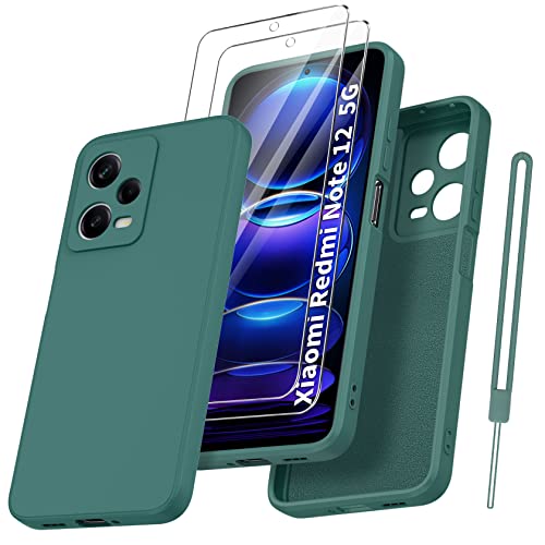 Qasyfanc Funda Compatible con Xiaomi Redmi Note 12 5G / Poco X5 5G con Protección de La Cámara y 2 Piezas Cristal Templado, Carcasa Suave TPU Silicona con Tapete de Microfibra Anti-Rasguño, Verde